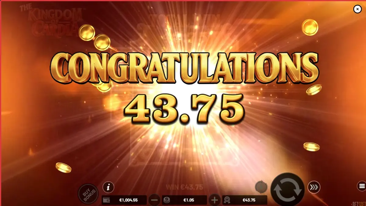 The Kingdom of Cardia slot game interface featuring whimsical garden and card symbols.